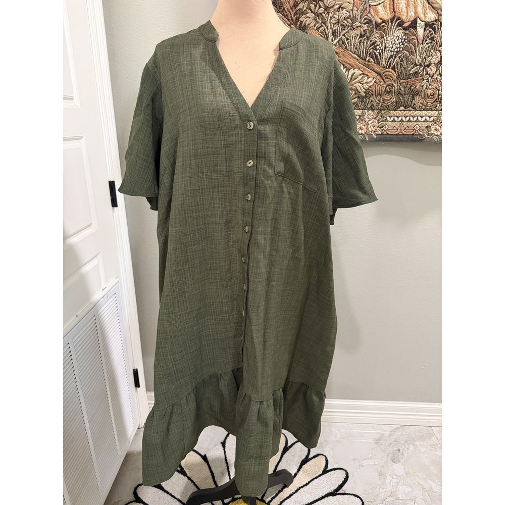 Ashley‎ Stewart Dress Womens 18/20W Green Button Front Ruffle Hem Swing Midi